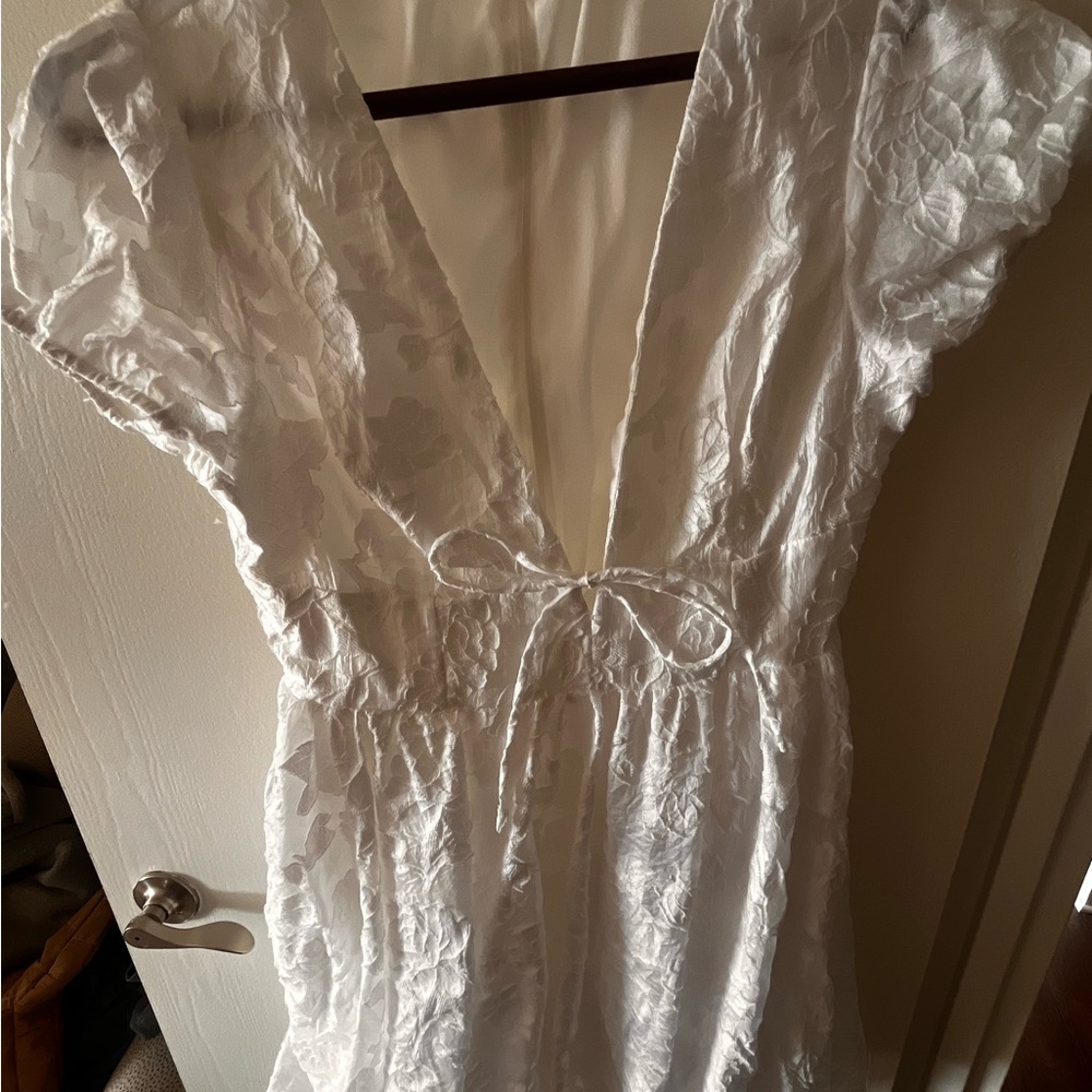 Lulu's Admirable Spirit Ivory Jacquard Puff Sleeve Mini Dress
